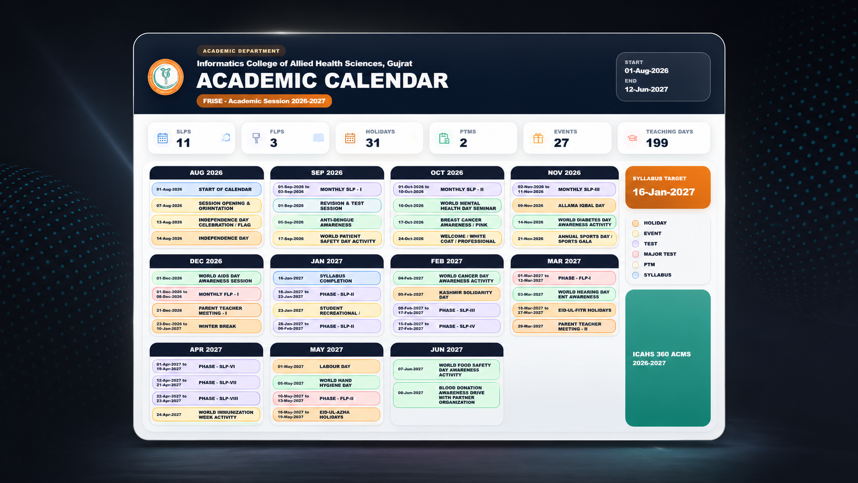 ICAHS 360 Academic Management System interface screenshot